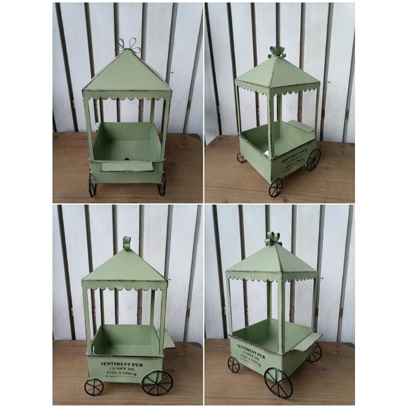 Decorative Garden Flower Cart Planter, Iron Wagon Pot Display with Canopies and Open Storage Tray for Home Patios Courtyards Display