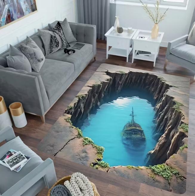 Natural Landscape Waves Rocks Graphic Design Large Carpet Area Carpet Living Room Bedroom Christmas Retro Home Decoration