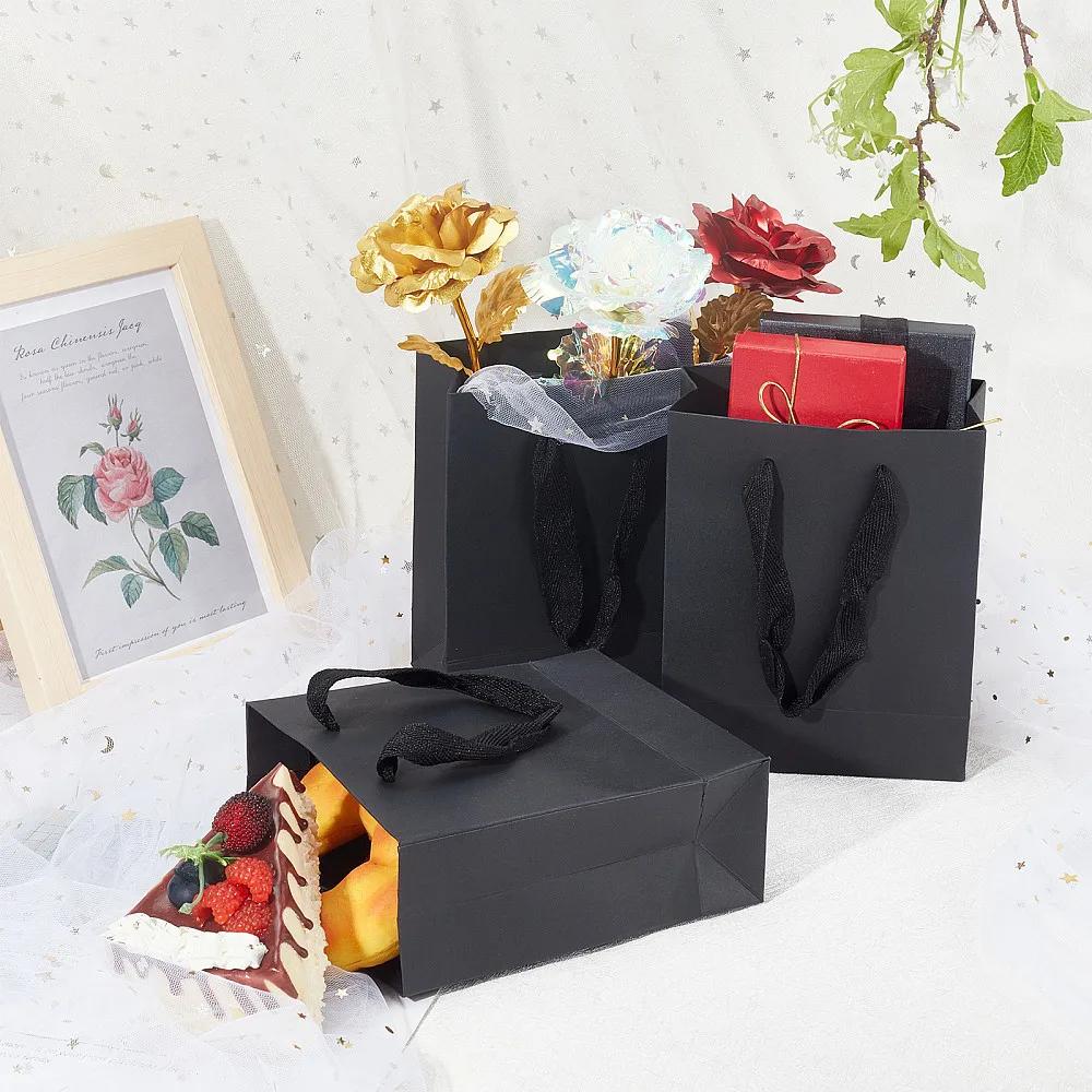 5pcs Black Kraft Paper Bag with Handles Multi Size Festival Gift Bags Gifts Jewelry Wedding Birthday Party Decoration Paper Bags