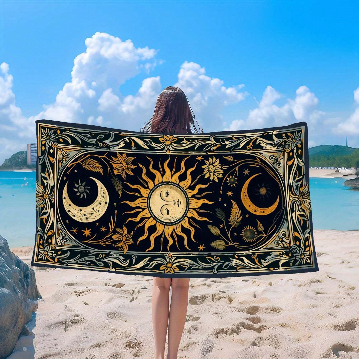 Boho Sun and Moon Print Beach Towel–Quick Dry,Sand Free,Absorbent,Pool,Travel,Yoga–Celestial Floral Pattern Bath Towel for Adult 40x60cm