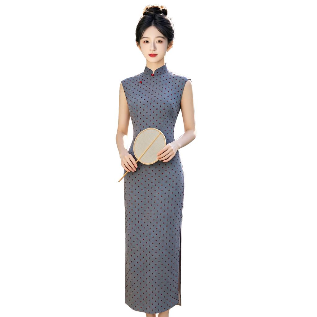 Grey polka dot cheongsam 1011 new improved young girl daily retro Republic of China style new Chinese dress