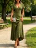 Rochie Maxi de Vară pentru Femei, Culoare Verde Măsliniu, cu Broderie și Imprimeu, Decolteu în V, Mâneci Cloș, Croială A-Line, Rochie Elegantă