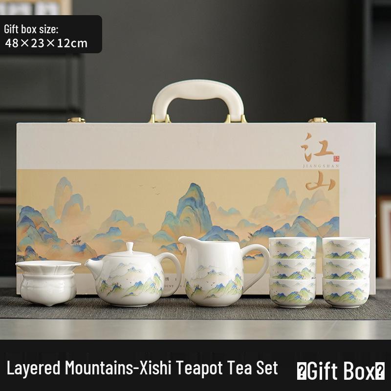 Mutton Fat Jade Kung Fu Tea Set with White Porcelain Teacups - 2025 Gift Box for Elders Souvenir