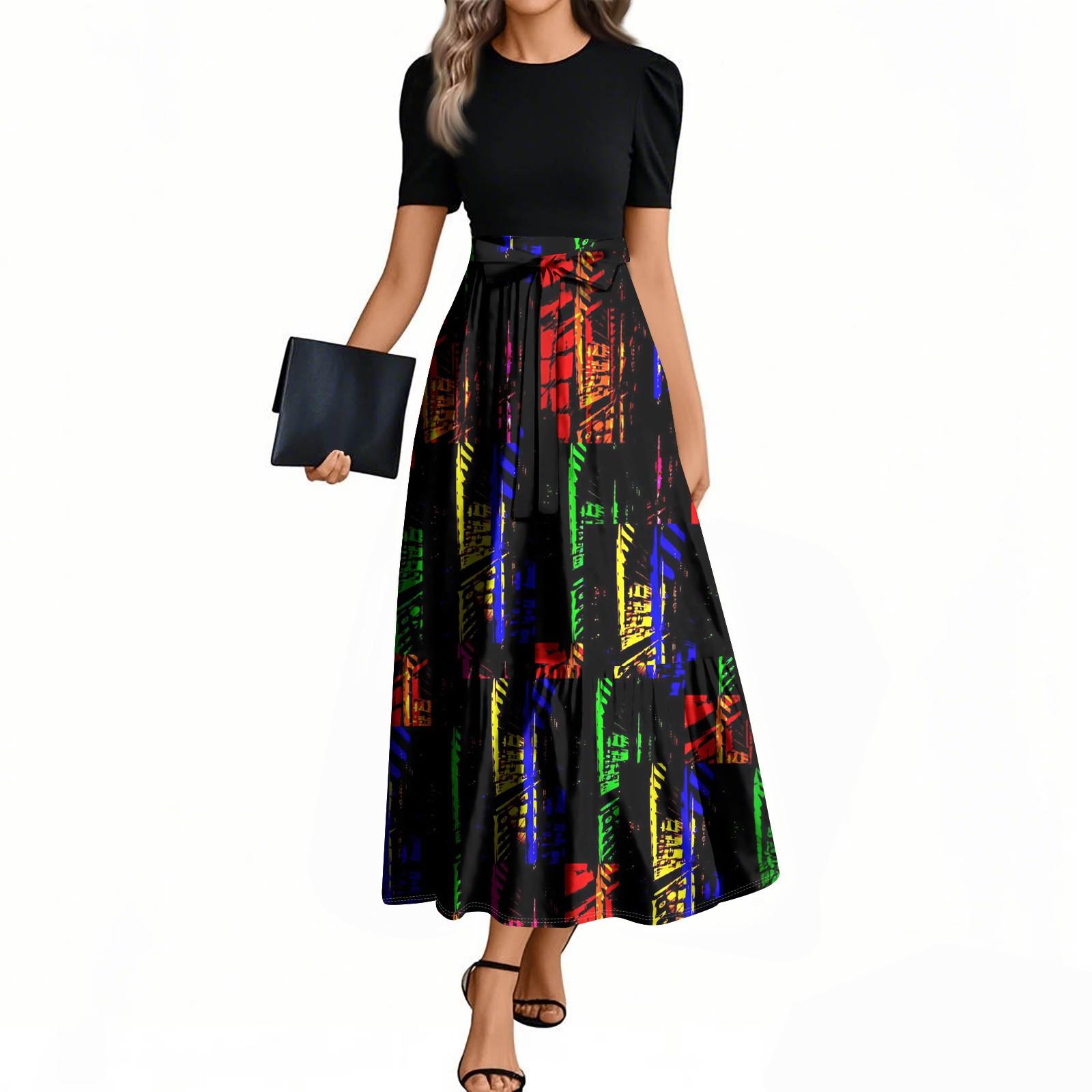 

Женские модные повседневные платья с поясом, коротким рукавом, круглым вырезом, геометрическим узором, элегантные платья с темпераментом XXL тёмно-синий