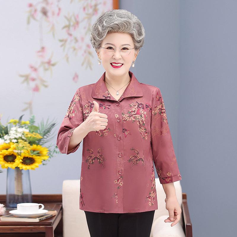 

Летний топ с рукавом до локтя и отложным воротником для бабушек 70-80 лет - Повседневная рубашка для женщин среднего и пожилого возраста 4XL (recommended 130-140 jin) красный