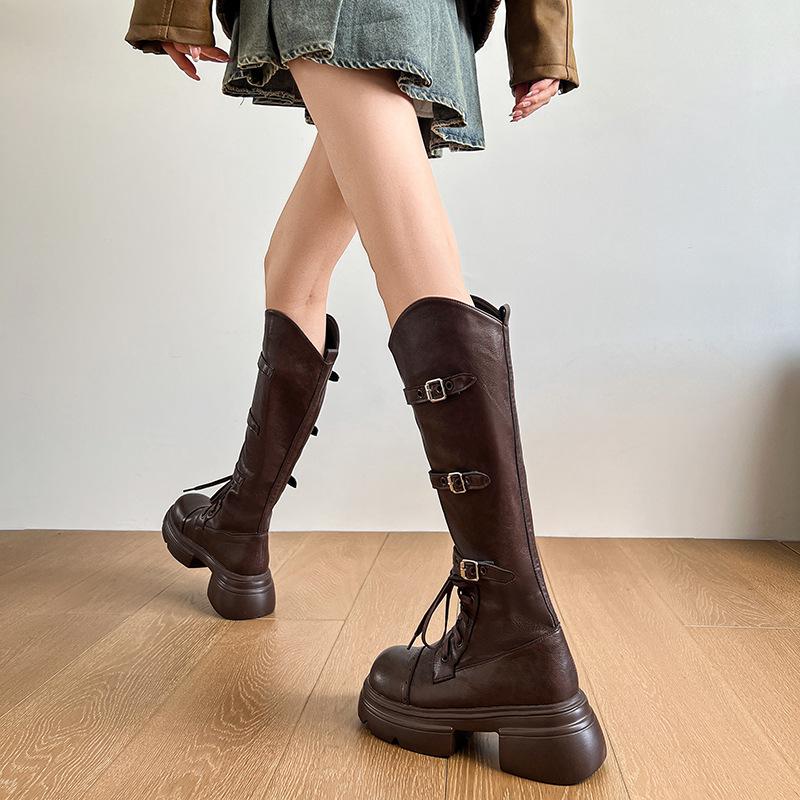 Long Boots Women's 2025 Autumn and Winter New Maillard But Knee Retro British Style Thick-soled Brown Knight Boots