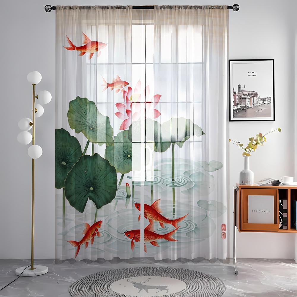 2 kusy HD Digitální Čínský Lotos Feng Shui Štěstí Kapr Tištěná Okenní Zástěna Styl Domácí Dekorace Dekorace Obývací Pokoj Ložnice