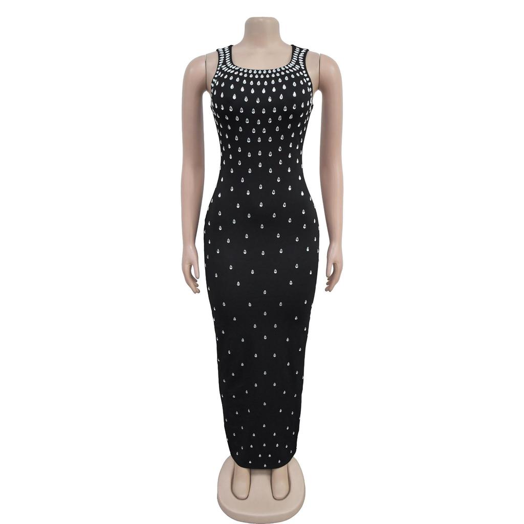 C7117 Fashion Women's Sleeveless U-neck Bodycon Dress with Hot Drilling, European and American Style.