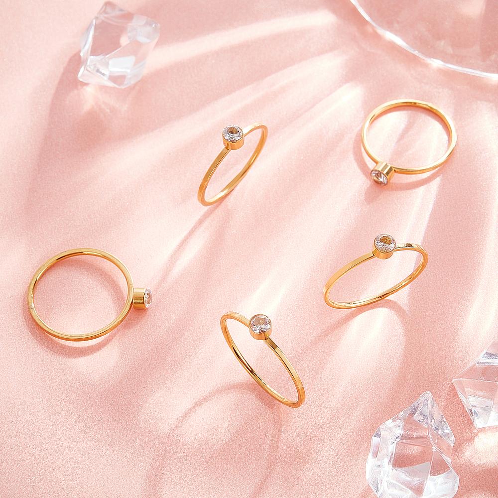 5Pcs 5 Style Flat Round Rhinestone Finger Rings Ion Plating(IP) 304 Stainless Steel Thin Finger Rings for Women Golden Crystal