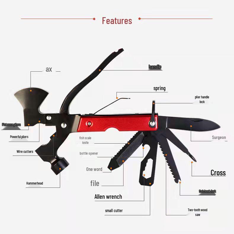 Popular 16-in-1 Multi-functional Car Axe Hammer Emergency Tool for Camping and Outdoors