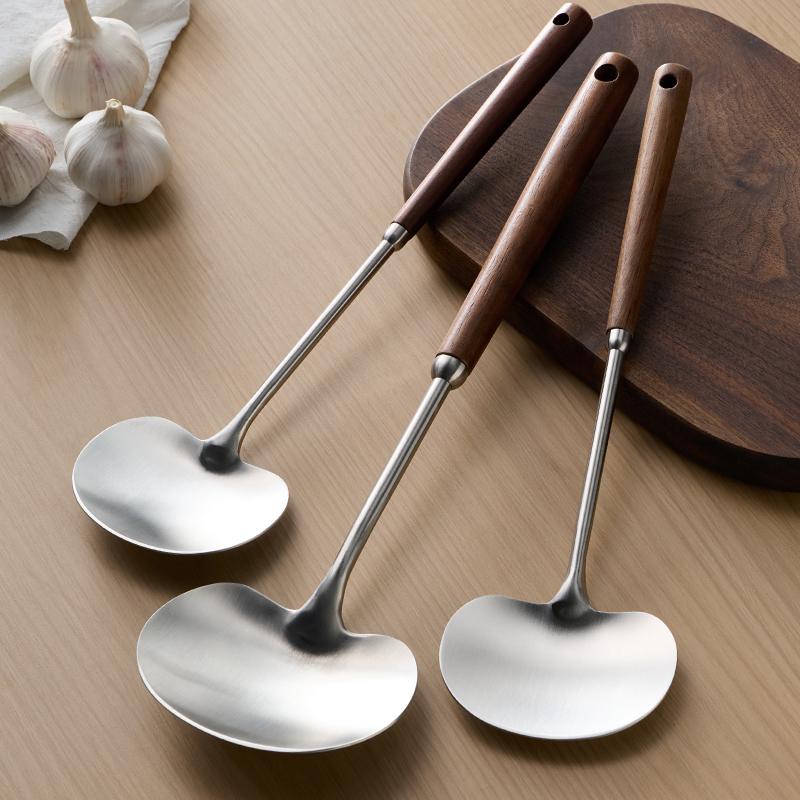Stainless Steel & Walnut Kitchen Utensils Set: Mushroom Spatula, Spoon, Ladle, Stir-fry Spoon.