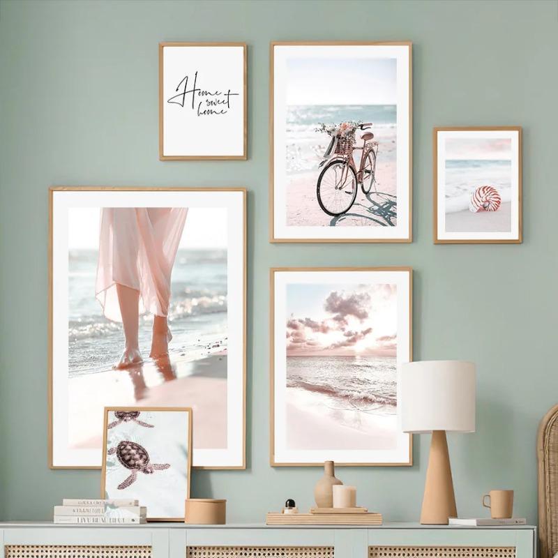 Travel Beach Wall Art Canvas Painting Summer Pink Sunny Bridge Conch Line Girl Posters And Prints Wall Picture For Living Room