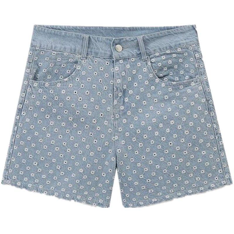 Fashion Style 2024 Autumn New Women's Clothing Mid-Rise Waist Hollow Embroider Casual All-Matching Denim Shorts 6147118