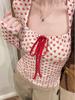 Korean Pink Heart Polka Dot Square Neck Long Sleeve Tee