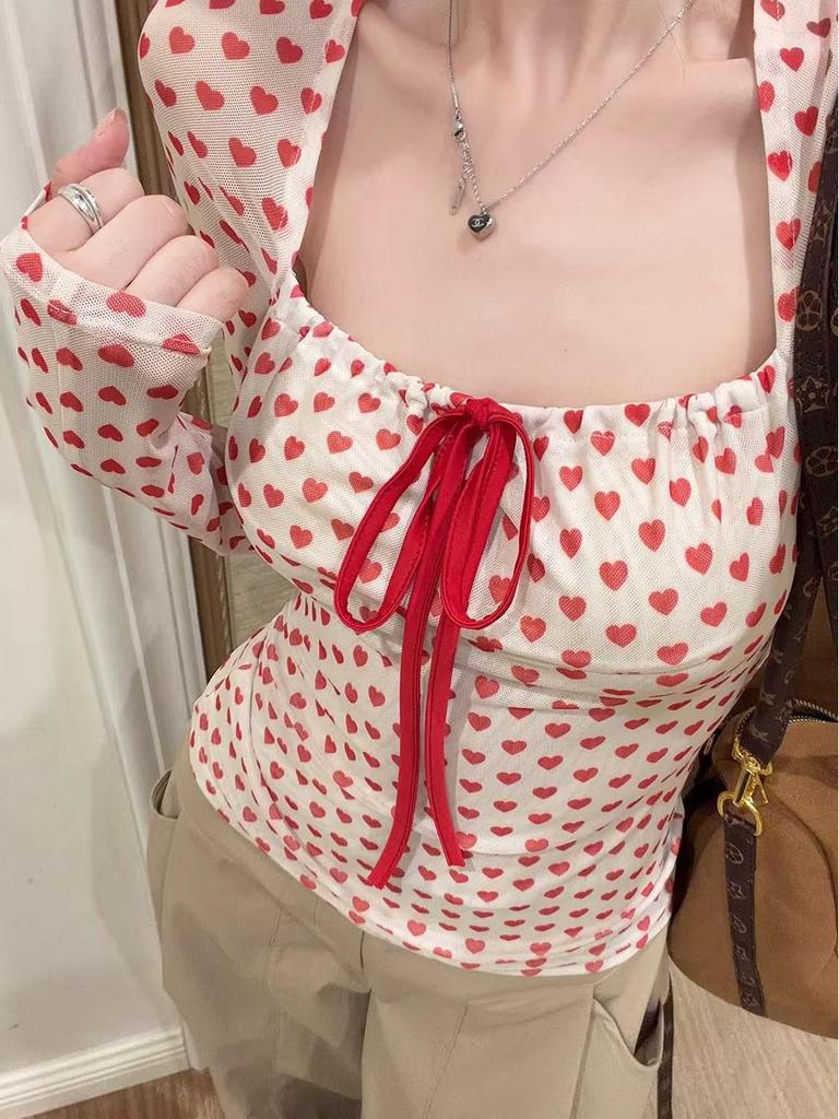 Korean Pink Heart Polka Dot Square Neck Long Sleeve Tee