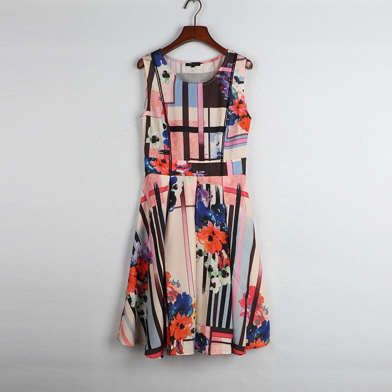 

Sunshine House Summer New Arrival Export European and American Women s Clothing Print round Neck Vest Dress Umbrella Skirt A- Line Skirt Color Bust size 84