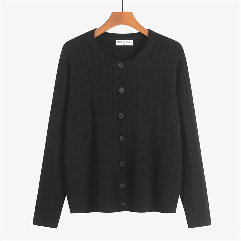 Plus Size Women's Round Neck Cable Knit Cardigan, Long Sleeve, Core-Spun Yarn, Autumn 2025 Collection