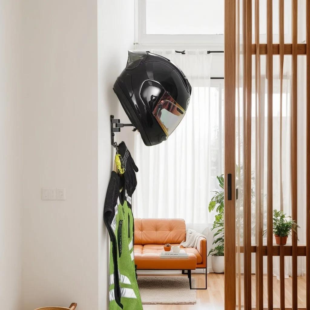 Wall Mount Motorcycle Helmet Rack, 180° Rotation Hanger Helmet Holder With Hooks For Bike Baseball Helmet Display Hanger Stand