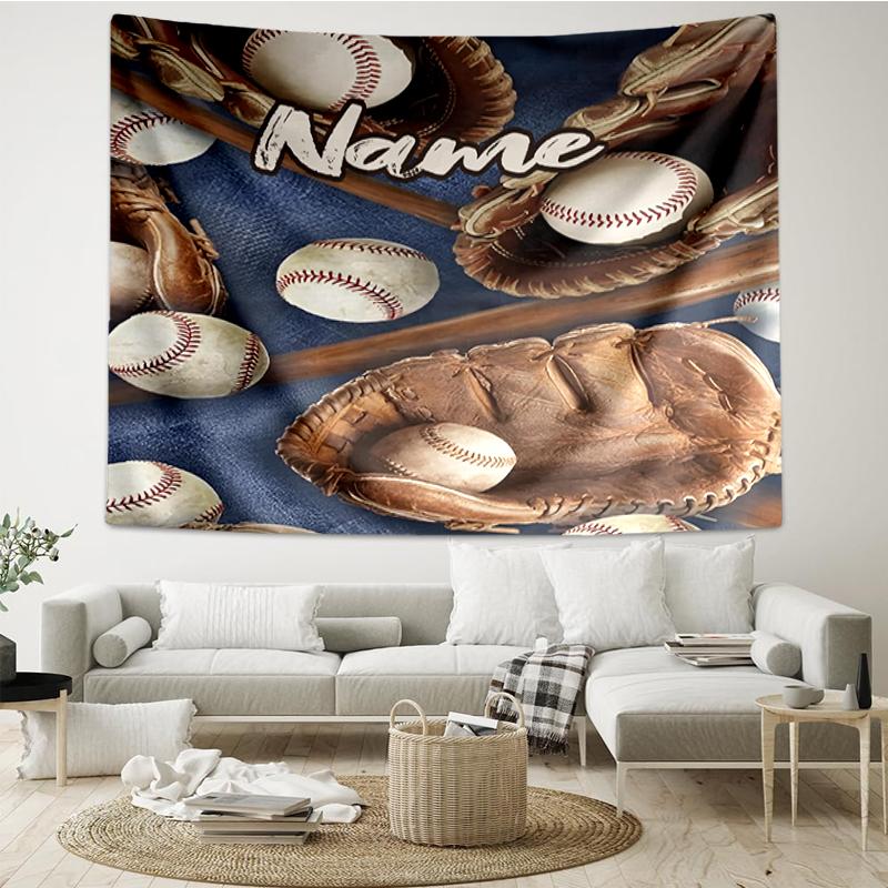 Custom Name Baseball Print Tapestry, Backdrop, Easy Setup, Ideal for Bedroom, Office & Living Room, with Aesthetic Wall Hanging Decor.