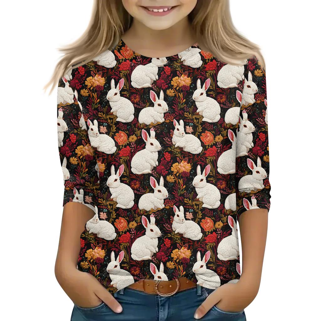 Print Tops For Youth Girls Round Neck 3/4 Sleeves T-Shirts Trendy Tops Outfit Tees