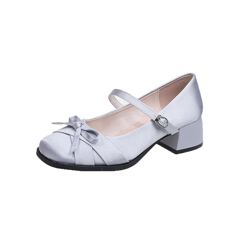 Fashion New Coarse Heel Shoes for Women Square Head Shallow Mouth Butterfly Knot Cloth Line with Anti-slip Wear-resistant Heel Shoes