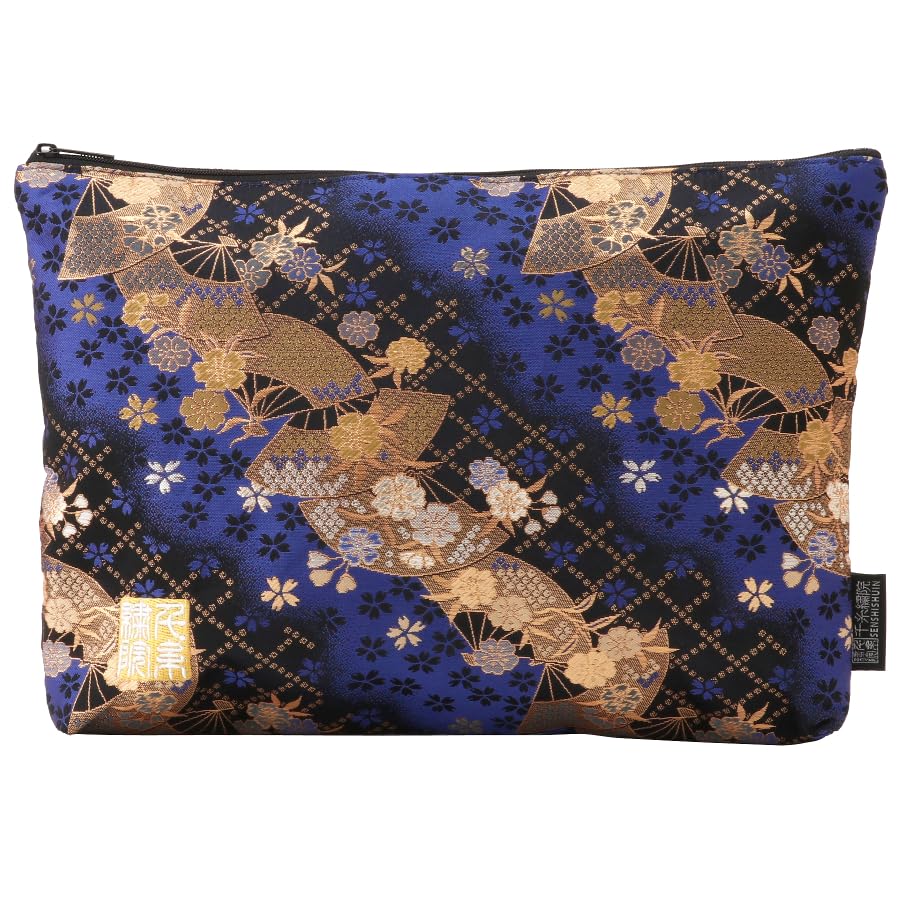 

Nishijin Brocade Pouch Blue and Blue Fan Cherry Blossom Design [Senshishuin] (Lined) (Small) синий