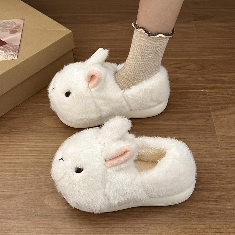 Cute Three-dimensional Rabbit Head Fluffy Slippers Women's Winter New Home Wear Velvet Warm and Comfortable Cotton Shoes
