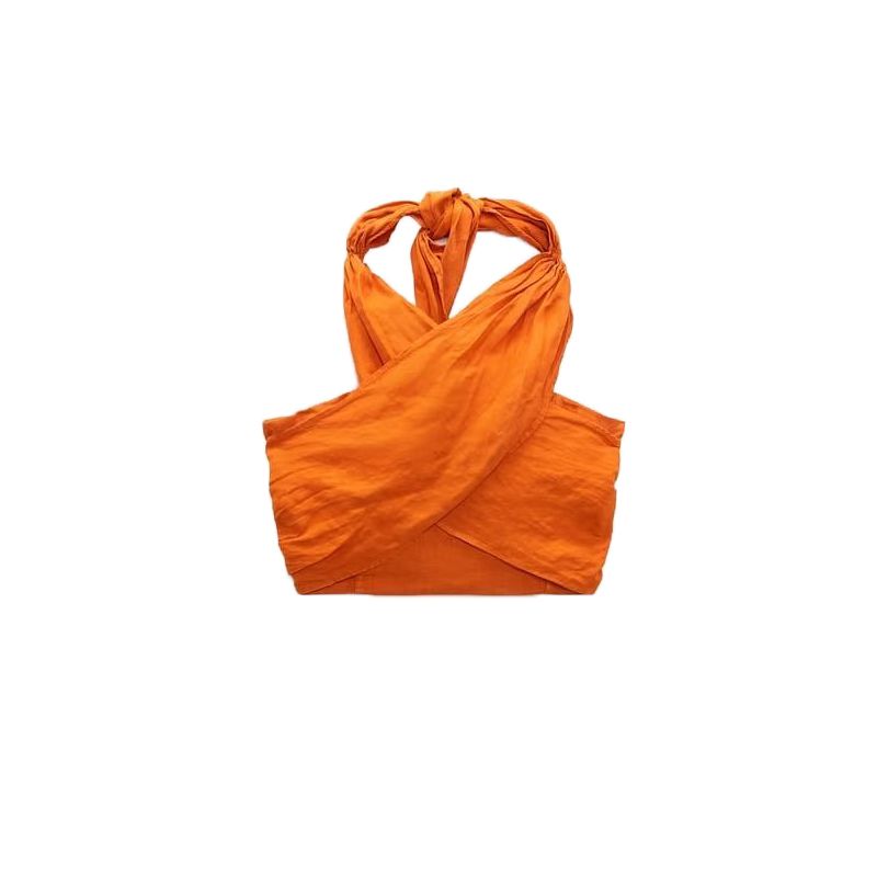 

Spring New Arrival Casual Two-Piece Suit Hanging Collar Linen Tops 4043249 Linen Wide Leg Pants 4043243 Orange Tops L