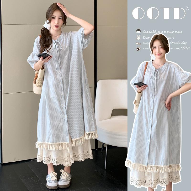 2026 Plus Size Spring/Summer Maternity Set: Striped Shirt Dress & Horseshoe Pants M