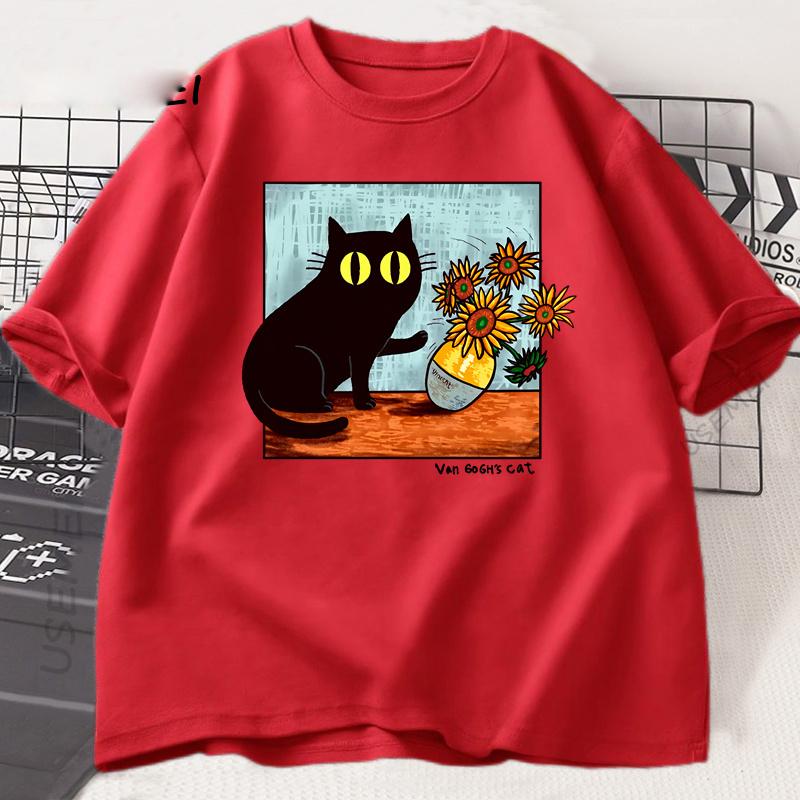 Kids Cat Graphic T Shirts Girl Boys Flower Black Cat T-shirt Round Neck Cotton Short Sleeve Trendy Tee Shirt Streetwear