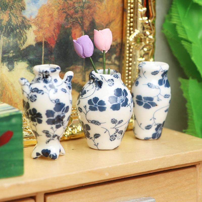 1:12 Dollhouse Vase Doll House Vase Vessel Vase Mini Vase Blue & White Porcelain with A Strong Chinese Style Decorat