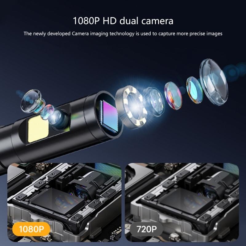 Waterproof Industrial Endoscope Type-C Rechargeable Double Lens Borescope Inspection Camera with 4.3in IPS Screen 8 LEDs