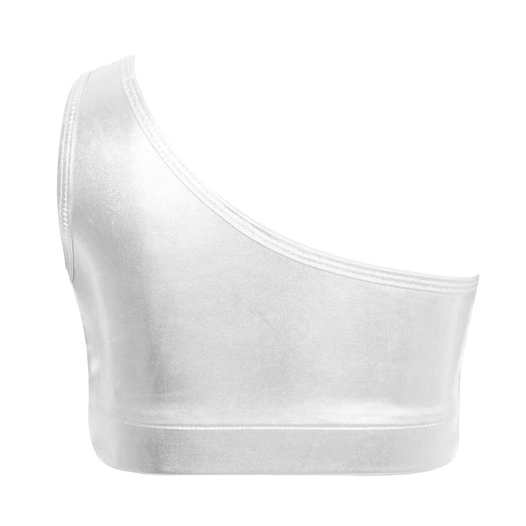Girls Dance Top Shiny Sequins Tiered Ruffles Sleeveless Crop Top Metallic One Shoulder Vest