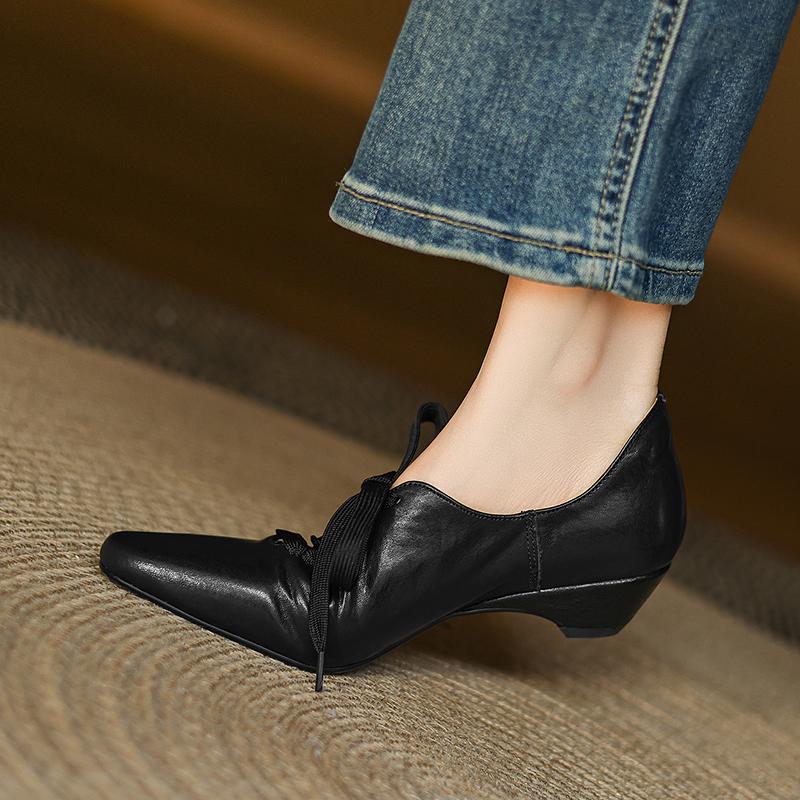 Fashion 2025 Spring Women Pumps Square Toe Chunky Heel Women Shoes Casual Lace-up Women Loafers Handmade Ladies Shoes Genuine Leather