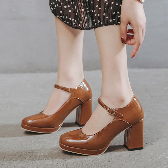 Fashion French Round Toe Mary Jane High Heels Women's Elegant Single Shoes 2024 Female Retro Wine Red Shallow Mouth Thick Heel Pumps