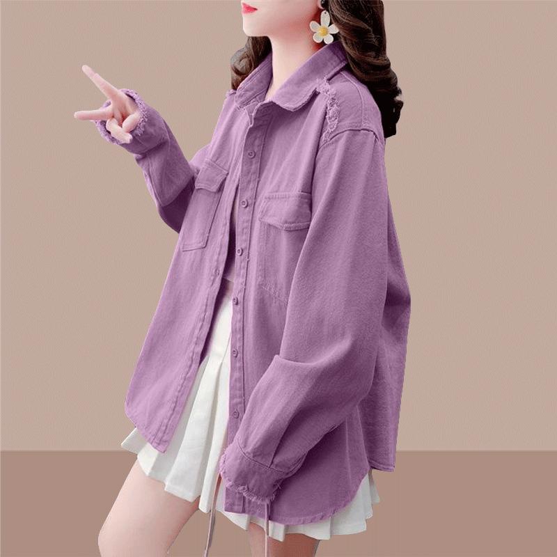 Mladistvá a elegantní vrstvená bunda pro ženy na začátek jara s límcem a kapsou, jednoduchá džínová košile v jednobarevném provedení