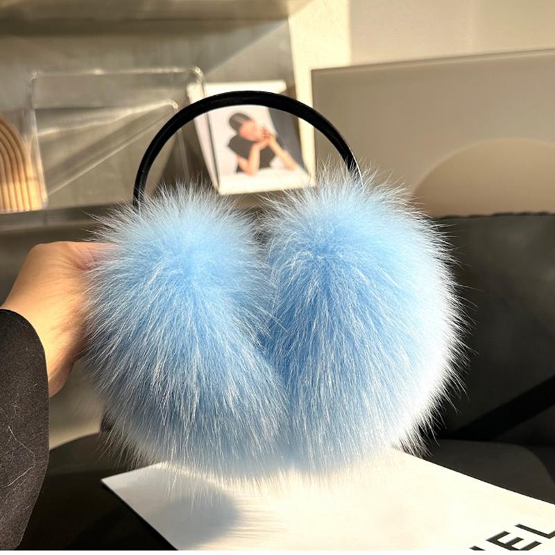 

Женские плюшевые наушники из чистого лисьего меха, зимние женские пушистые наушники с большим помпоном из лисьего меха, теплые наушники из 100% натурального лисьего меха