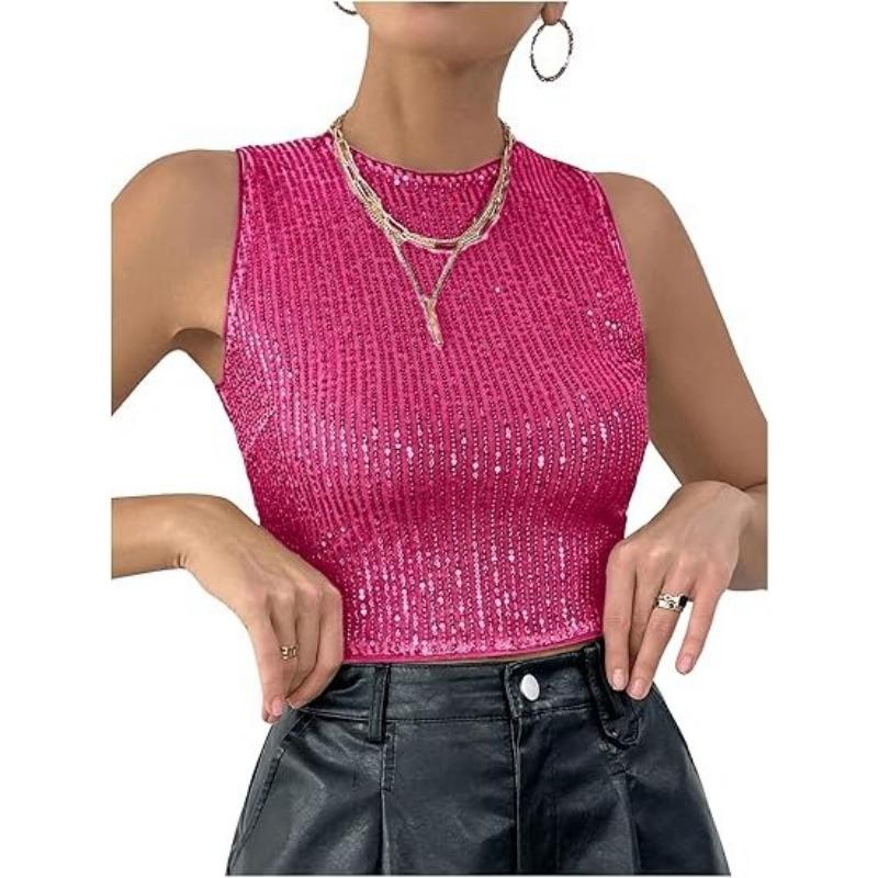 Women Fashion Sequins Slim Fit Sleeveless Cropped Casual Tank Top