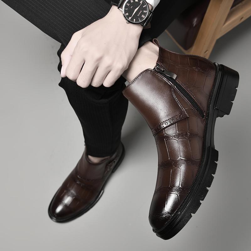 Fashion Causal Business Formal Shoes Men Chelsea Genuine Leather Ankle Boots Fashion Crocodile Leather Round Toe Antiskid Designer Boots