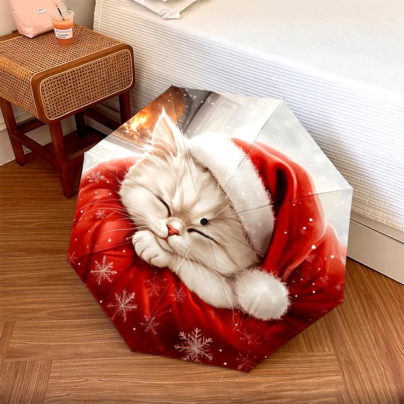 

1 PC Automatic Folding Umbrella - Christmas Cat in Santa Hat Pattern, Portable & Foldable Design with 8 Ribs, Christmas Birthday Gifts