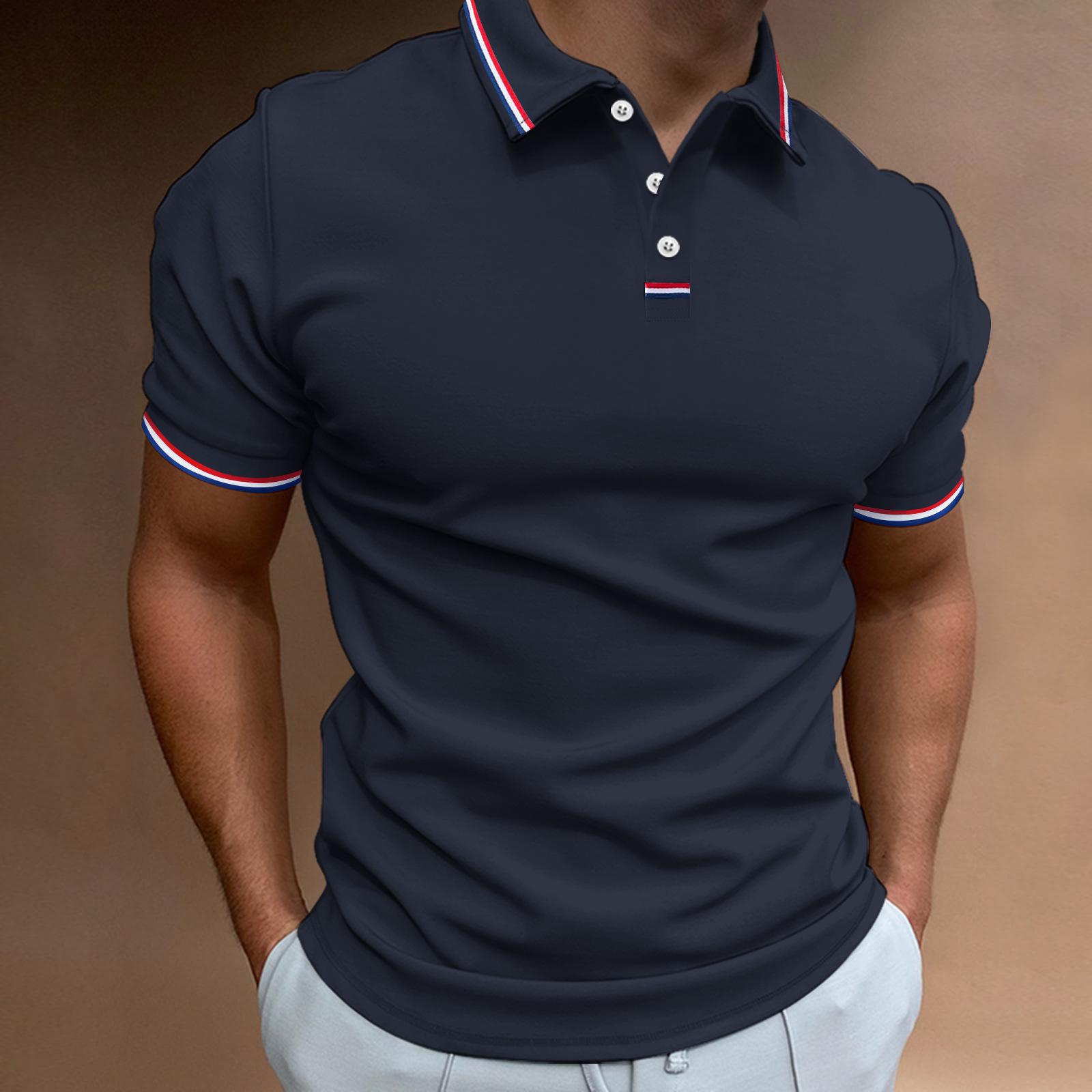 

Solid Color Men s Striped Polo Shirt with Lapel - Casual Short Sleeve Versatile Design (2024) L