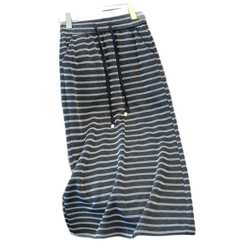Women's Striped Knit A-Line Midi Skirt with Slit - Spring/Autumn 2025 Korean Style