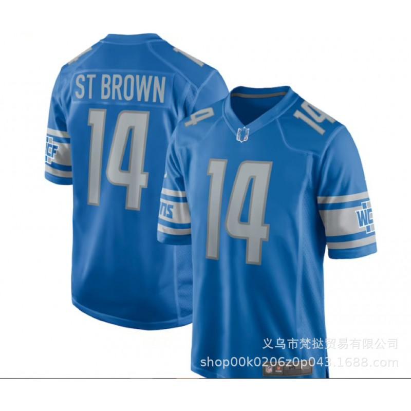 Mens NFL Detroit Lions Football Jersey Hutchinson 97 St. Brown 14 26 Blue Embroidered Team Sport Shirt Short Sleeve