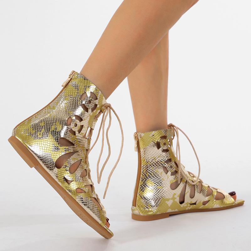 Fashion Gold 2025 Summer Gladiator Sandals Booties Flats Cut Hollow Out Studs Punk Square Head Sandals Ankle Boots Casual Shoes Zapatos