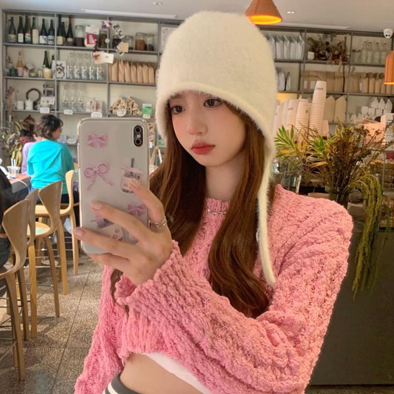 Imitation Mink Fur Lace-up Pullover Cap Women Plush Fisherman Hat Winter Warm Ear Protection Headgear Bonnet Solid Velvet Beanie