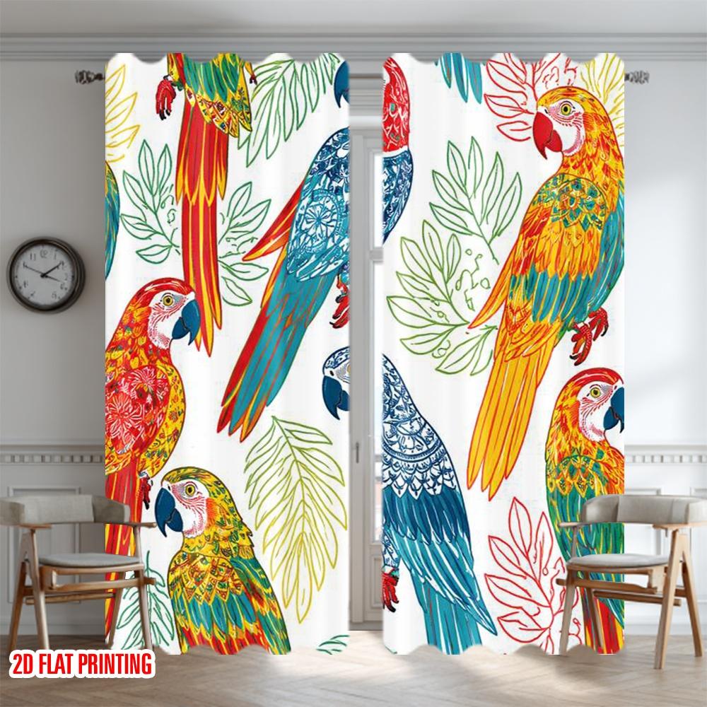 2D flat printing 2pcs Curtain Curtains Colorful Parrots Among Leaves Digital Printed Polyester Drapes Family Party Decoration