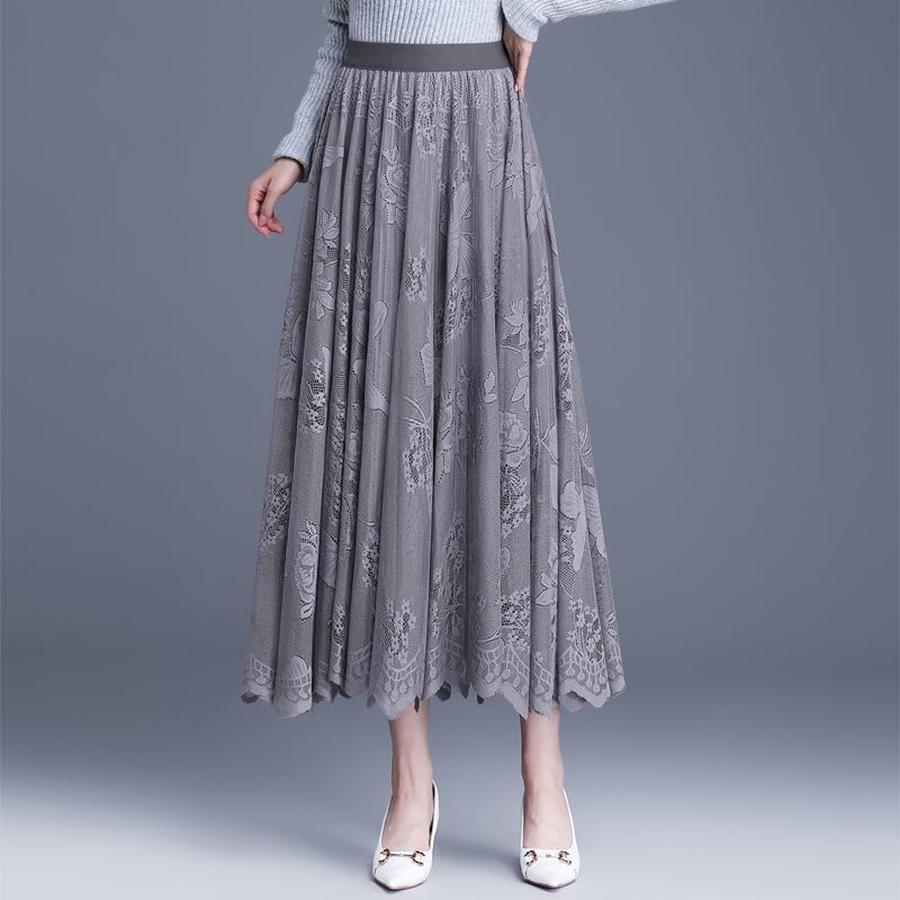 

Trendy Lace Trim Long Maxi Skirt, Slimming Effect Mesh Fairy Ruffles Dress 4XL сірий колір