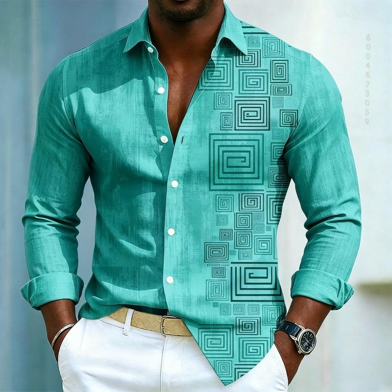 Herrenhemd mit geometrischem Musterdruck, Langarmhemd für Herren, Schwarzes Slim Fit Hemd, Modisches Design, Herrenbekleidung