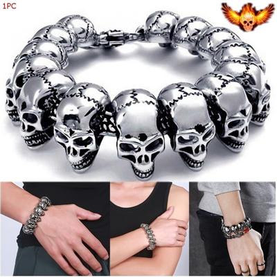 Gothic Lot Skull Vintage Biker Men's Black Punk Stainless Steel Bracelet