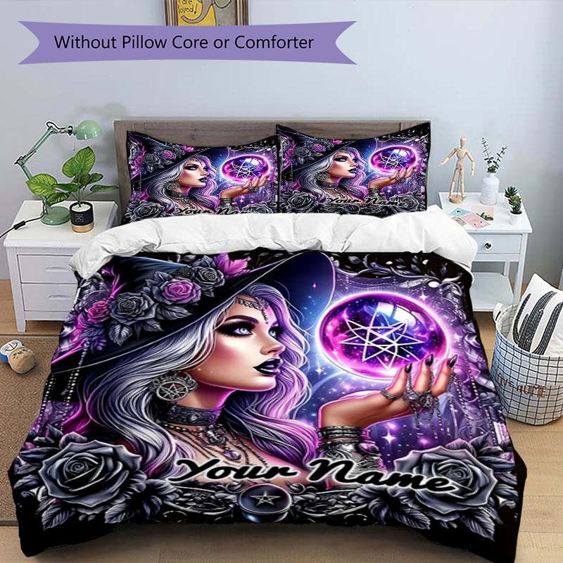 3PC Custom Name Witchcraft Magic Bedding Set Printed Bedding Set Duvet Cover Closure Includes 1 Duvet Cover & 2 Pillowcases for All Seasons Bedroom